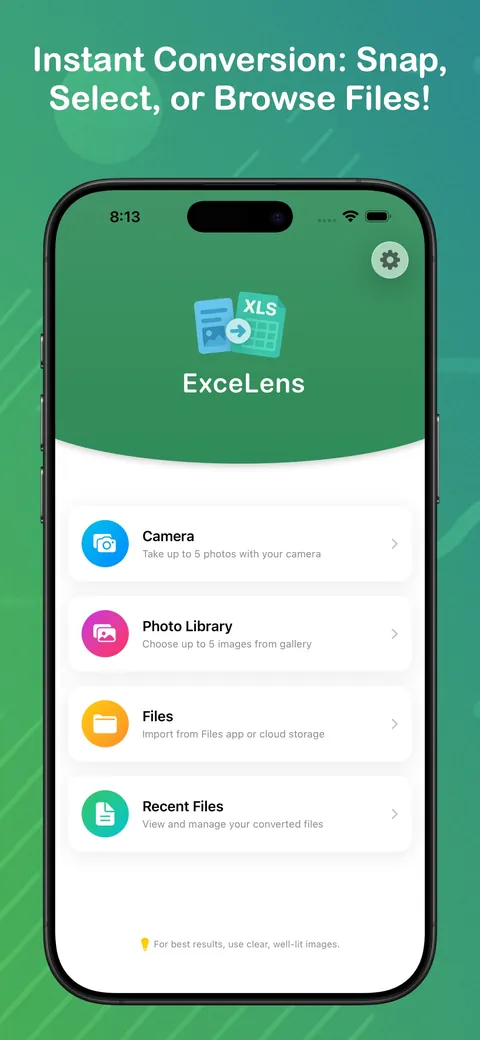 Excelens screen for capturing a photo via camera, gallery, or files