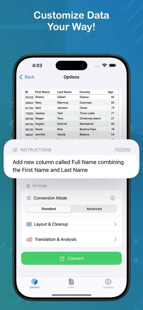 Excelens screen for customizing extracted table columns