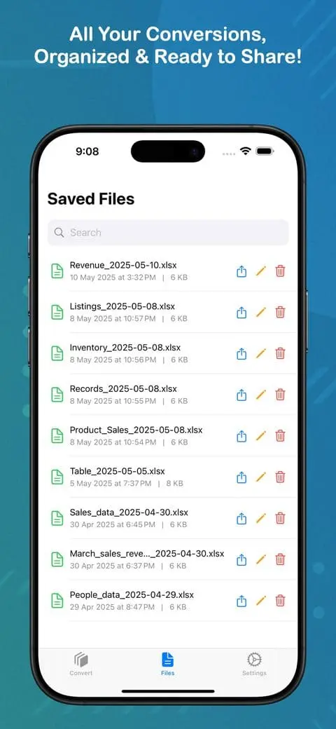Excelens saved files screen listing converted Excel spreadsheets